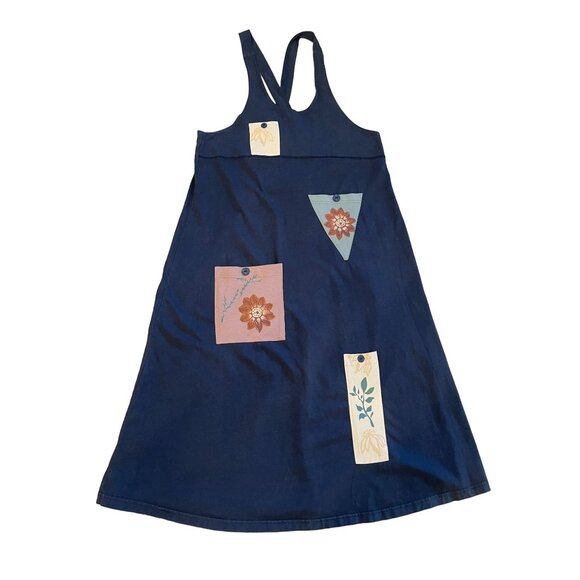 Vintage 90's boho cottage core patchwork dress maxi navy Medium pockets - Picture 1 of 11